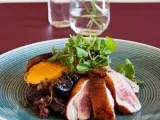 Recipe Duck breasts with dry-roasted sweet potatoes, watercress & balsamic prunes & onions