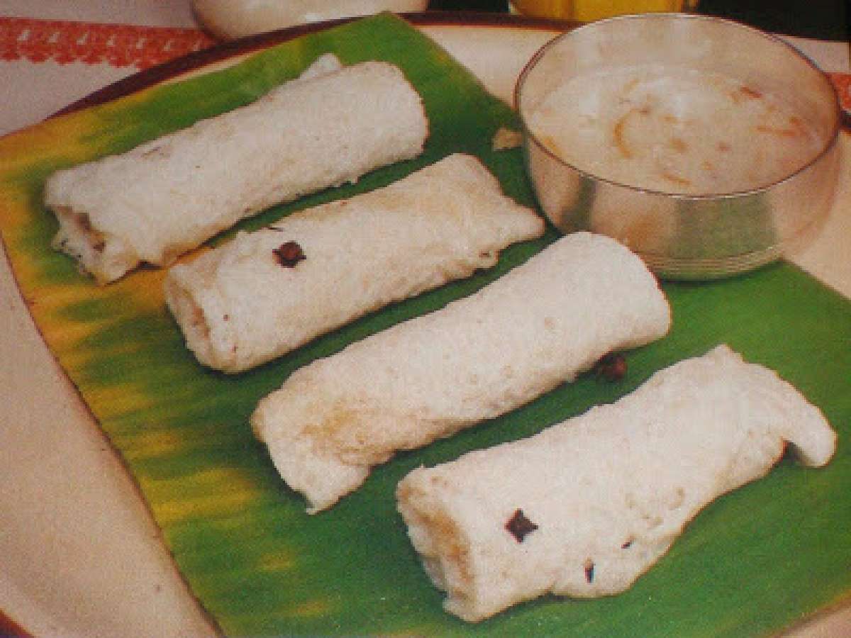 Neer dosa with coconut filling, pundi, ghatti & bisi bele bhath