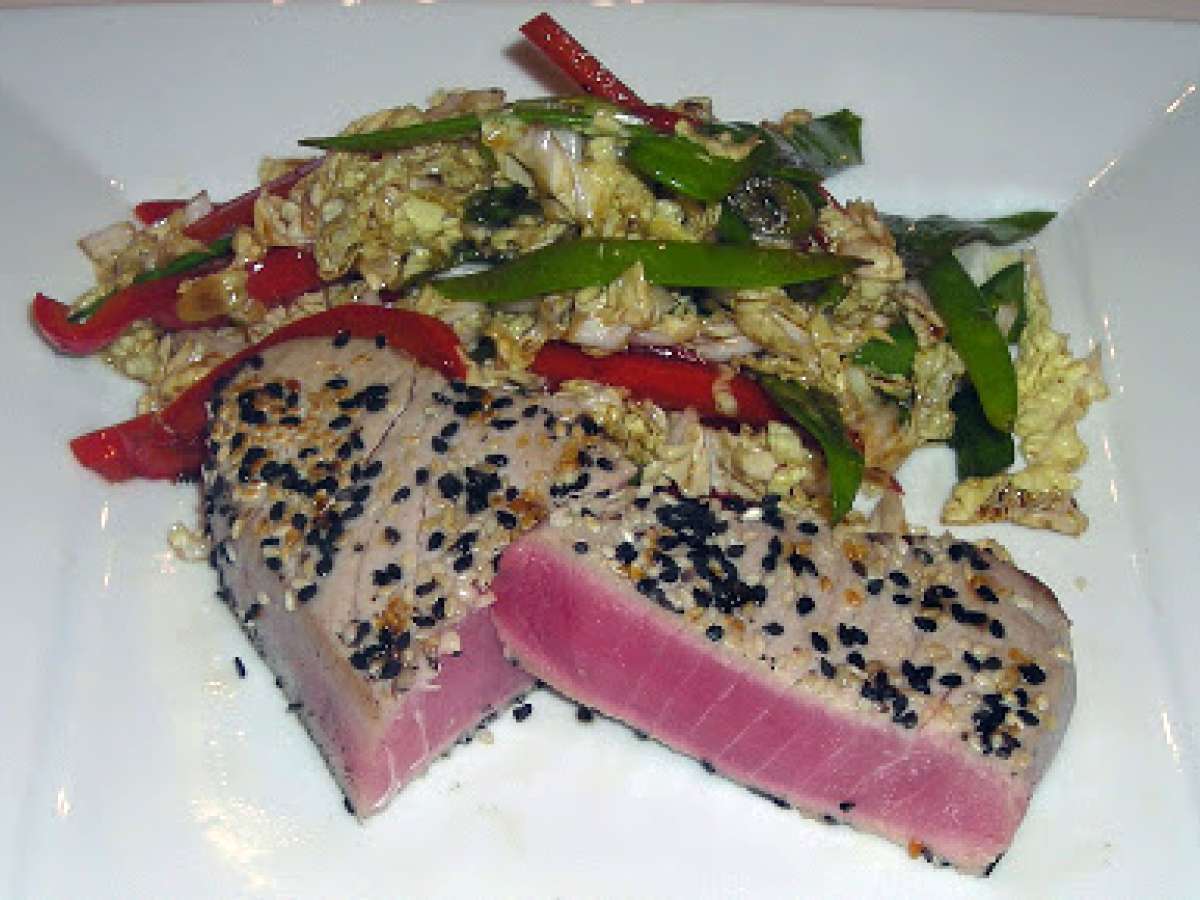 Seared tuna steaks with asian coleslaw and wasabi aioli dipping sauce