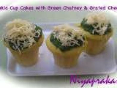 Dhokla Cup Cakes with Green Chutney & Grated Cheese