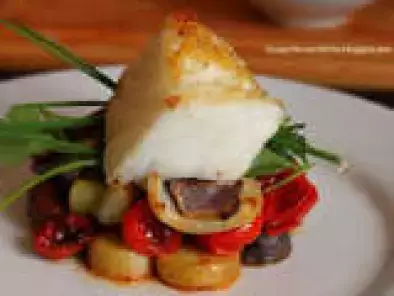 Chilean Sea Bass on Bed of Roasted Potatoes, Chorizo, Fennel, Onion and Tomato - Plate to Impress!