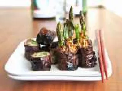 Japanese Beef Rolls With Scallion, Asparagus, And Enoki Mushrooms~Negimaki
