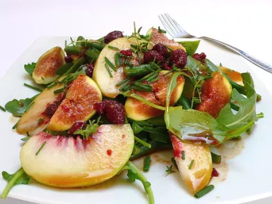 Recipe Green bean, rocket, peach and fig salad with a raspberry and balsamic vinegar dressing