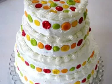 Almond Cake with Raspberry Filling, Almond Buttercream, and Candy Buttons!