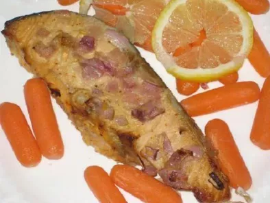Baked Salmon with Mustard sauce and onions