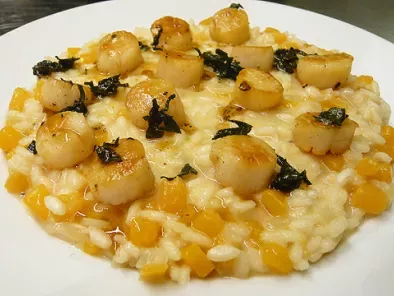 Butternut squash risotto with scallops + sage butter