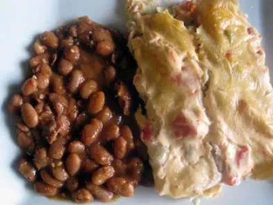 Chicken Enchiladas Smothered in Sour Cream Sauce and Borracho Beans