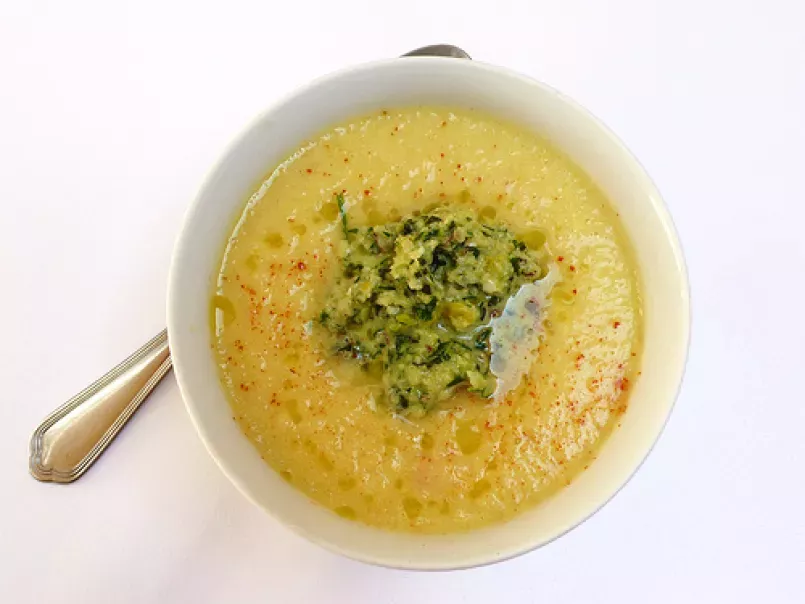 Chilled pineapple and cucumber soup with a garlic, basil and Brazilian nut pesto