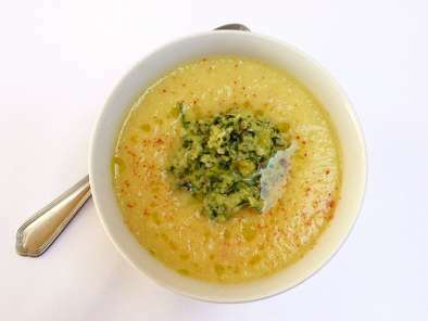 Chilled pineapple and cucumber soup with a garlic, basil and Brazilian nut pesto