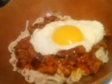 Chinese Pasta Bolognese with Soft Fried Egg