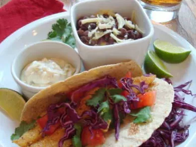 Corn-Crusted Fish Tacos with Jalapeno-Lime Sauce and Spicy Black