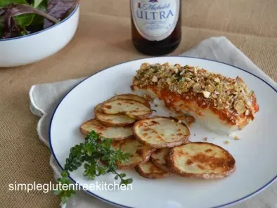 Crispy Harissa fish with baked chips