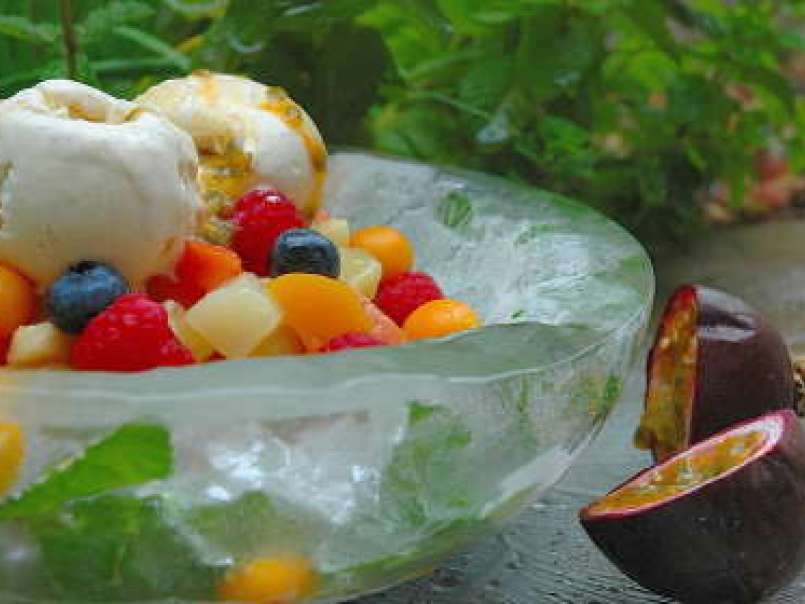 Fruit Salad with Passion Fruit and Vanilla Bean Ice-cream