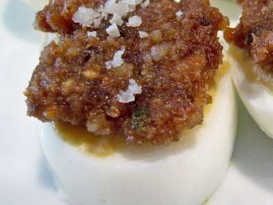 Haroset With Dijon Mustard On Hard Boiled Eggs Sprinkled With Sea Salt
