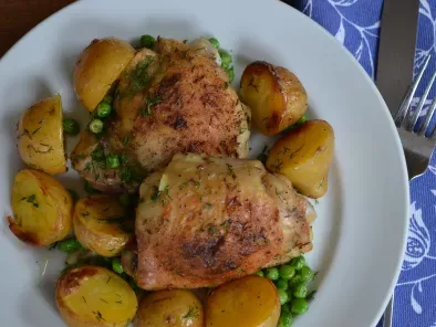 Herb Roasted Chicken Thighs wth Potatoes and Green Peas