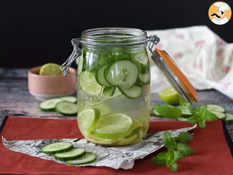 Homemade flavored water with cucumber, lime, mint and ginger