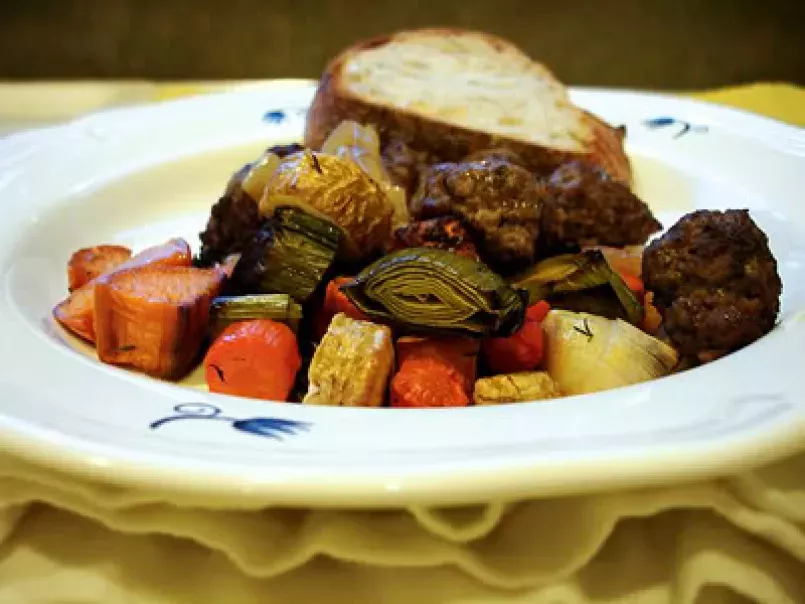 Marsala braised Pork Meatballs with Roasted Winter Vegetables
