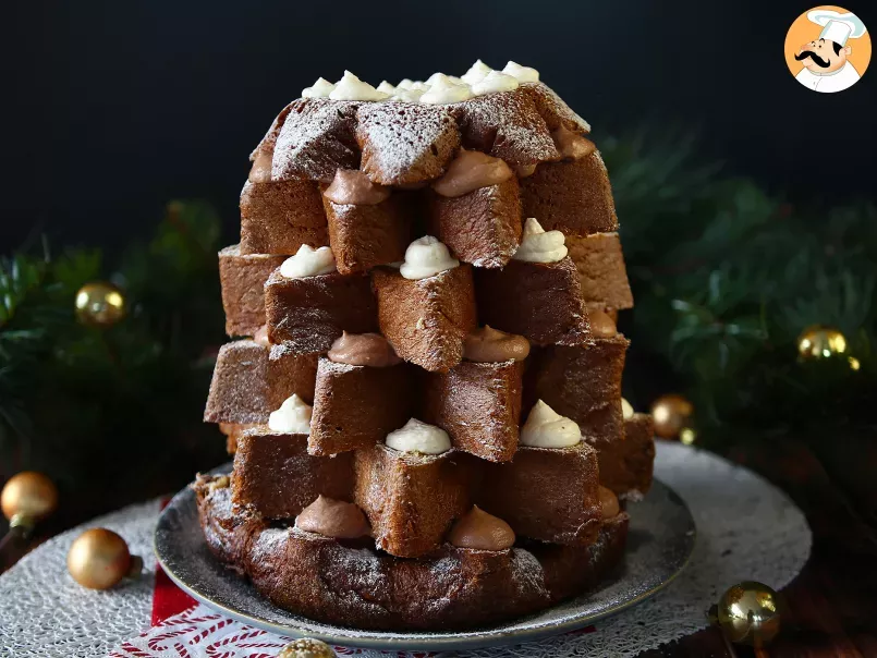 Pandoro brioche filled with Nutella cream and vanilla cream in the shape of a Christmas tree