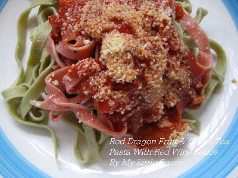 Red Dragon Fruit & Green Tea Pasta With Red Wine Sauce