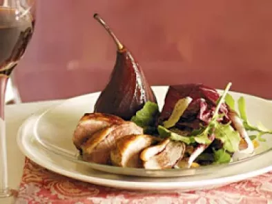 Roast duck with red wine poached pears