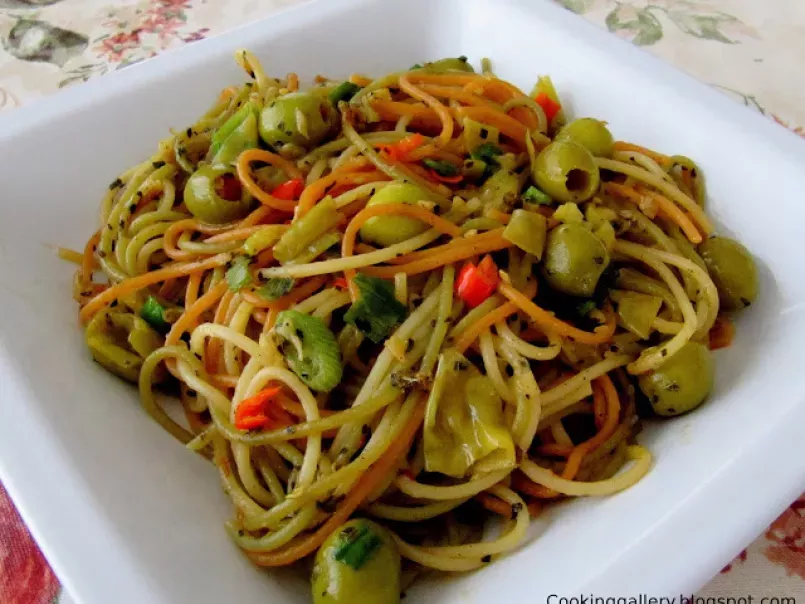 Spaghetti Aglio Olio with Olives and Pepperoncini