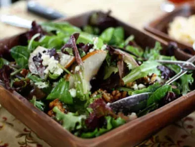 Spring Greens with Pears, Sugared Walnuts & Gorgonzola