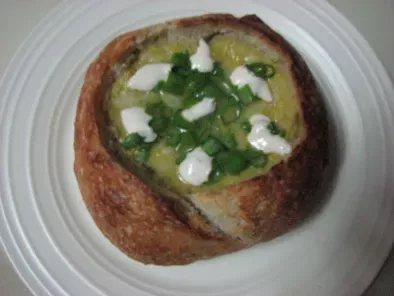 Sweet corn and Roasted Poblano soup in a Bread Bowl