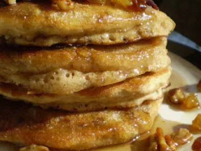 Vegan Bran Bud Pancakes with Vegan Golden Scotchy Raisin-Pecan Syrup