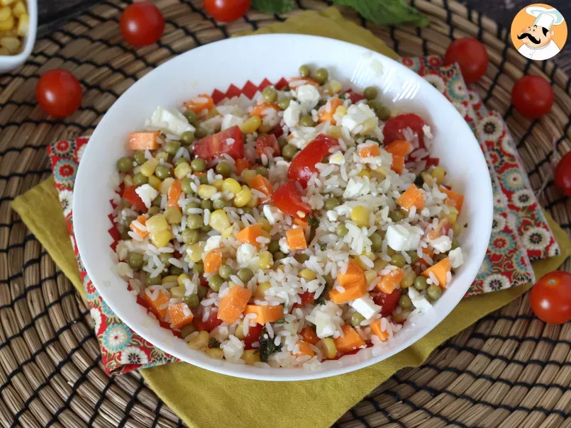 Vegetarian rice salad: feta, corn, carrots, peas, cherry tomatoes and mint - photo 6