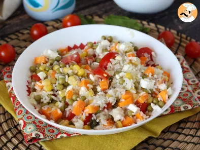 Vegetarian rice salad: feta, corn, carrots, peas, cherry tomatoes and mint - photo 5