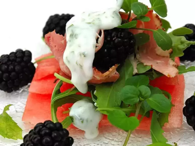 Watermelon Carpaccio with Pastrami, Black Berries and a light yogurt and mint dressing