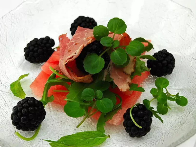 Watermelon Carpaccio with Pastrami, Black Berries and a light yogurt and mint dressing - photo 2