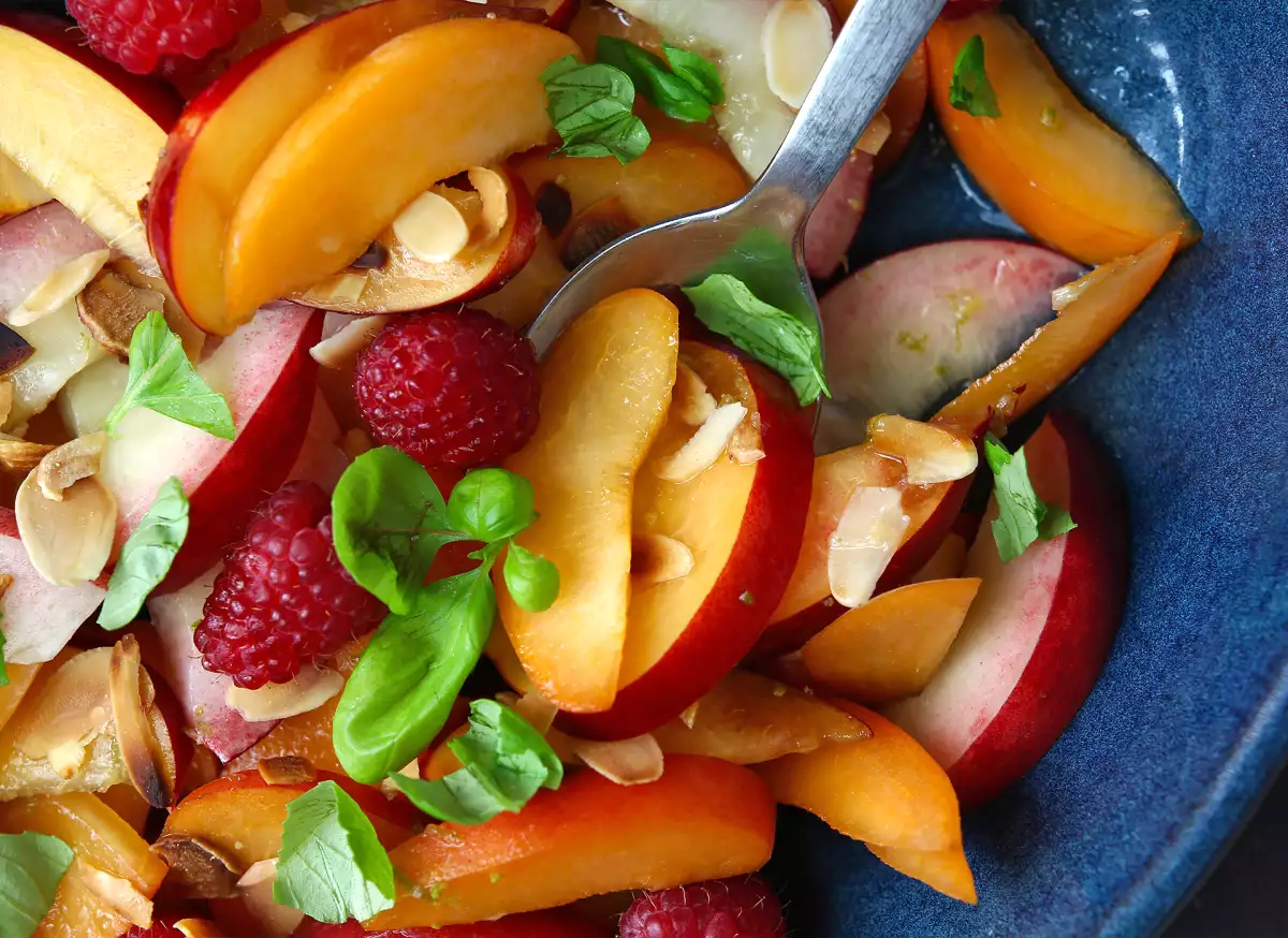 Our peach, apricot and raspberry fruit salad