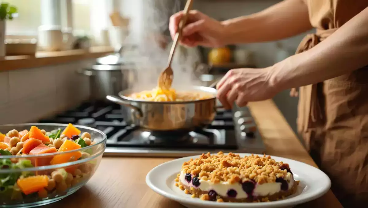 Daily menu, July 12: a delightful mix of flavors with salmon salad, spicy ramen, and blueberry crumble cake