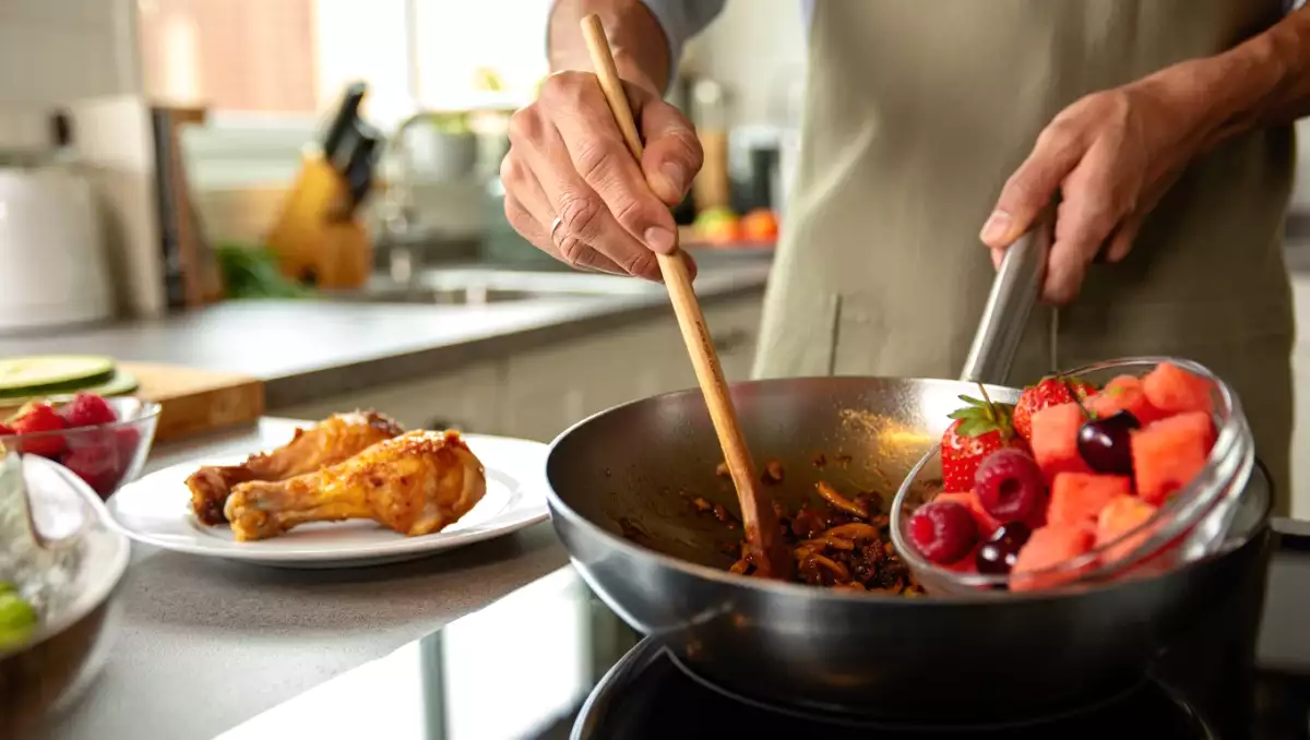 Daily menu, August 8: crispy oven fried chicken drumsticks, creamy spiced squid, and refreshing red fruit salad