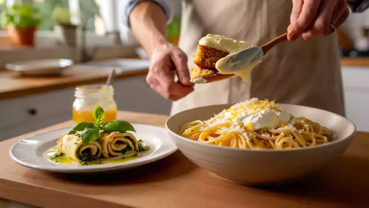 Daily menu, August 2: delightful sweet basil pesto tapenade scrolls, creamy ricotta and lemon pasta, and a classic bolo de bolacha