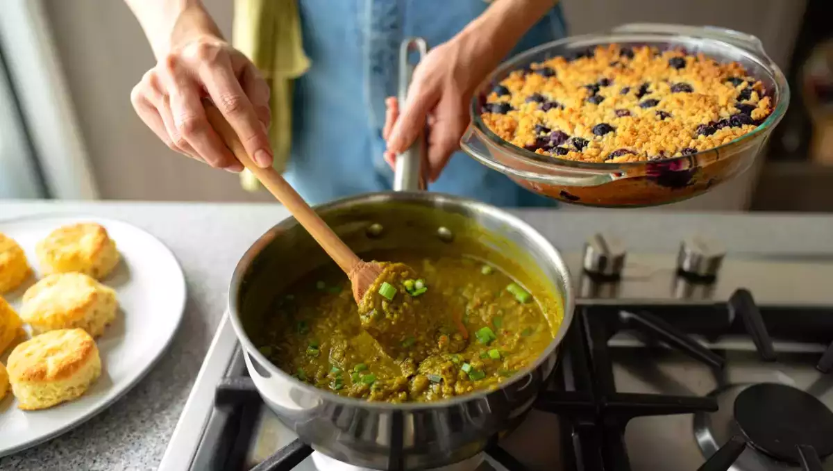 Daily menu, August 18: delightful homemade savory biscuits, vibrant green onion sambar, and a sweet blueberry banana buckle