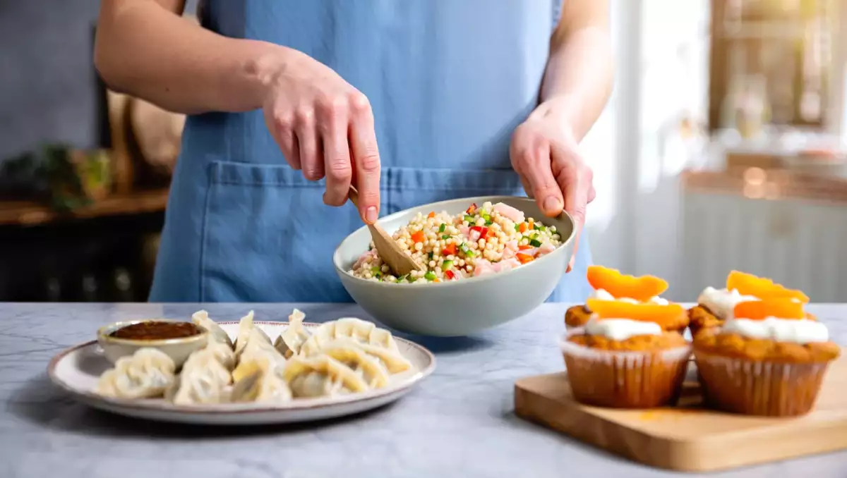 Daily menu, August 26: refreshing pearl couscous salad, savory chicken momo, and delightful apricot muffins