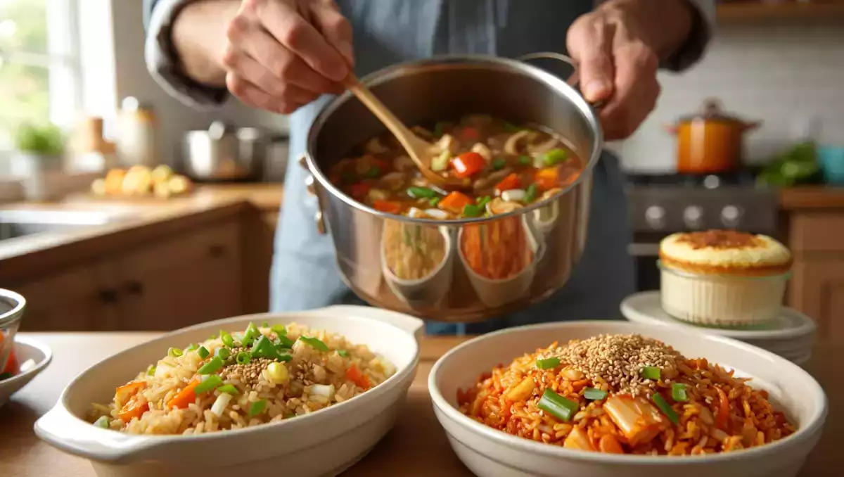 Daily menu, August 27: a delightful chicken mushroom soup, vibrant fried rice, and a quick cheesecake