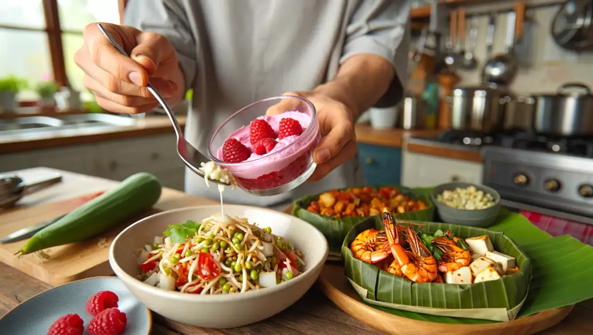 Daily menu, August 29: a delightful journey with mung sprouts salad, grilled shrimp and tofu, and raspberry mousse