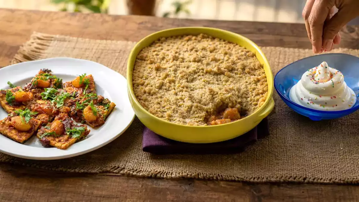 Daily Menu, September 18: a delightful journey with spicy tofu, ratatouille crumble, and creamy vanilla ice cream