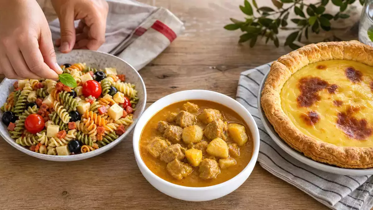 Daily Menu, September 21: a delightful trio of easy party pasta salad, Malaysian chicken curry, and giant pastel de nata