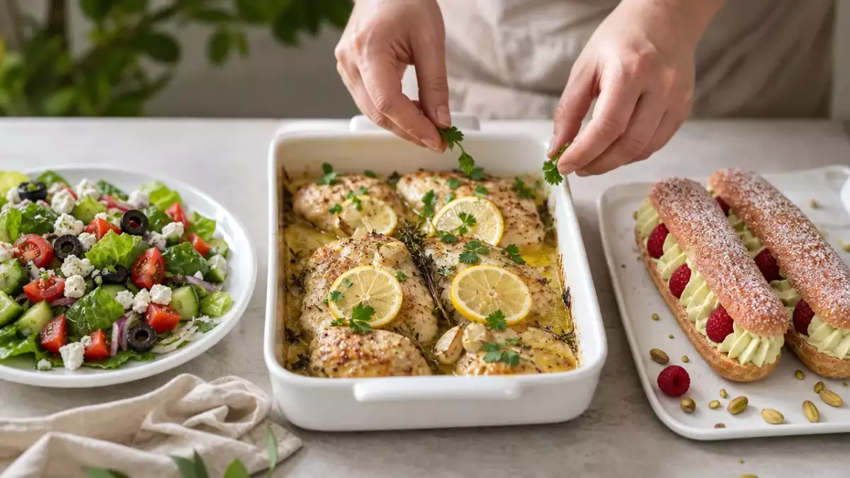 Daily Menu, September 19: a refreshing Greek salad, zesty baked lemon chicken, and delightful pistachio eclairs
