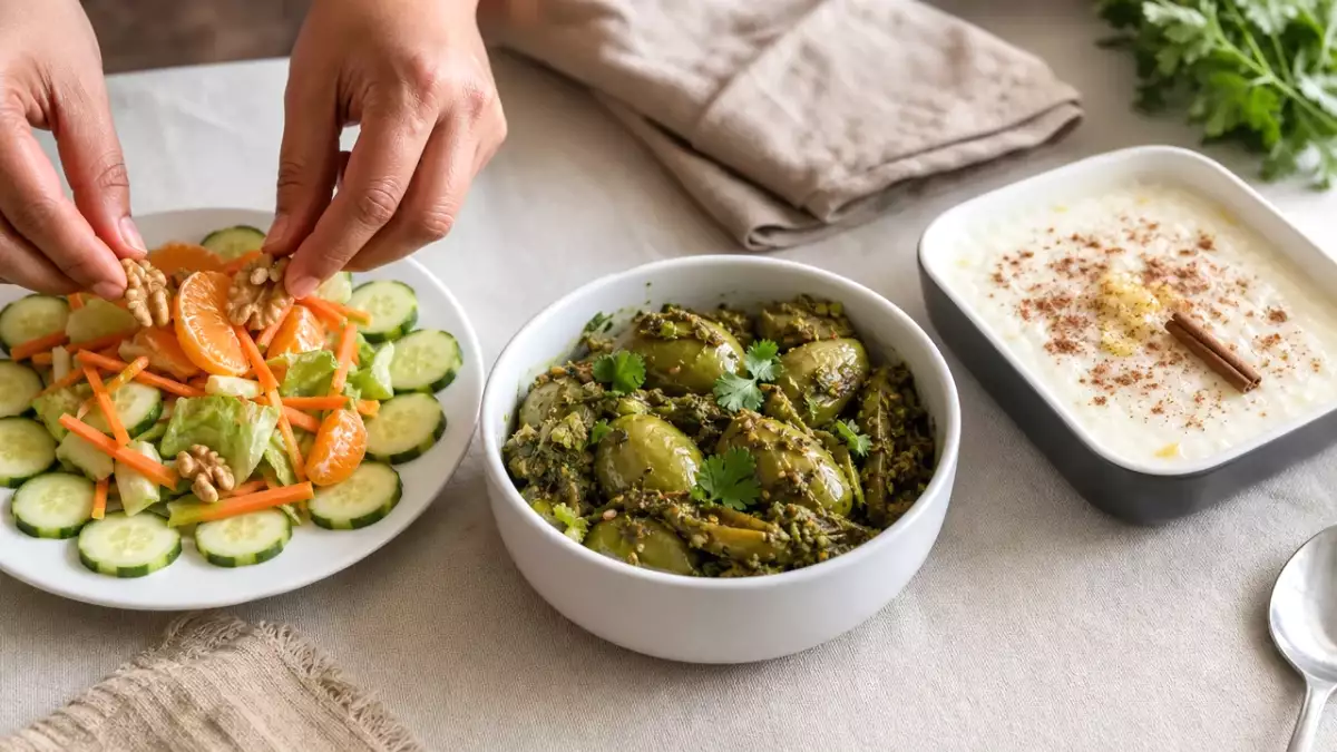 Daily Menu, September 28: refreshing green salad, flavorful Mysore badnekai, and creamy rice pudding