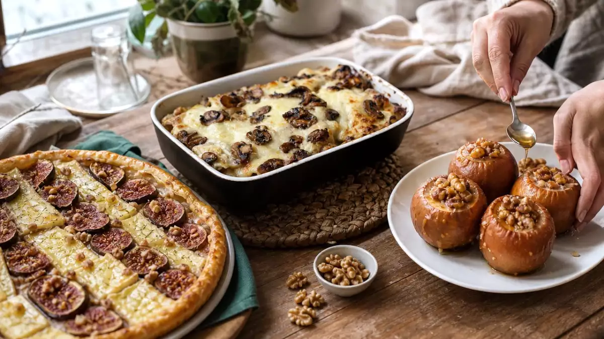 Daily menu, October 1st: a delightful blend of flavors with fig tart, creamy mushroom pasta, and baked apples