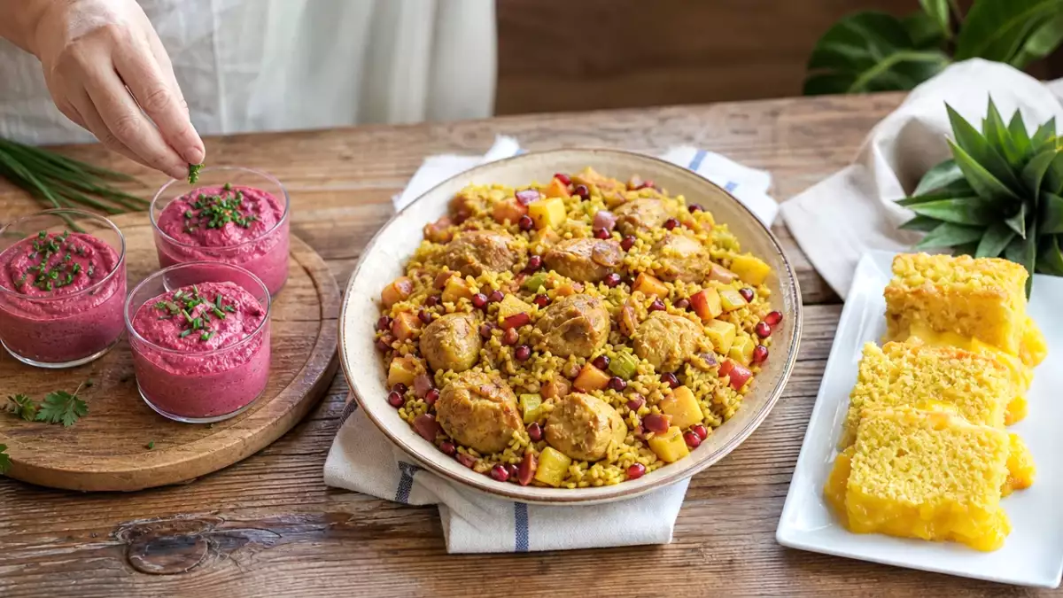 Daily menu, October 4: vibrant beet verrines, spiced chicken, and delightful pineapple cake