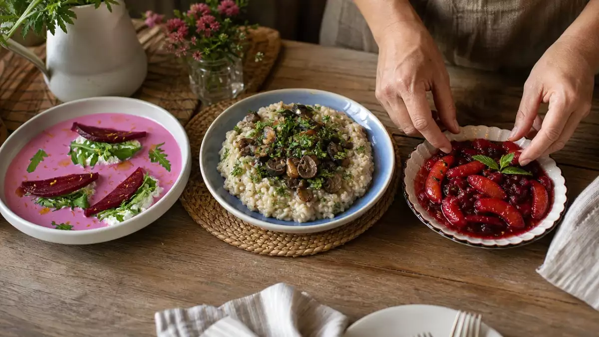 Daily menu, October 7: elegant beet ravioli, creamy mushroom risotto, and cranberry apple relish