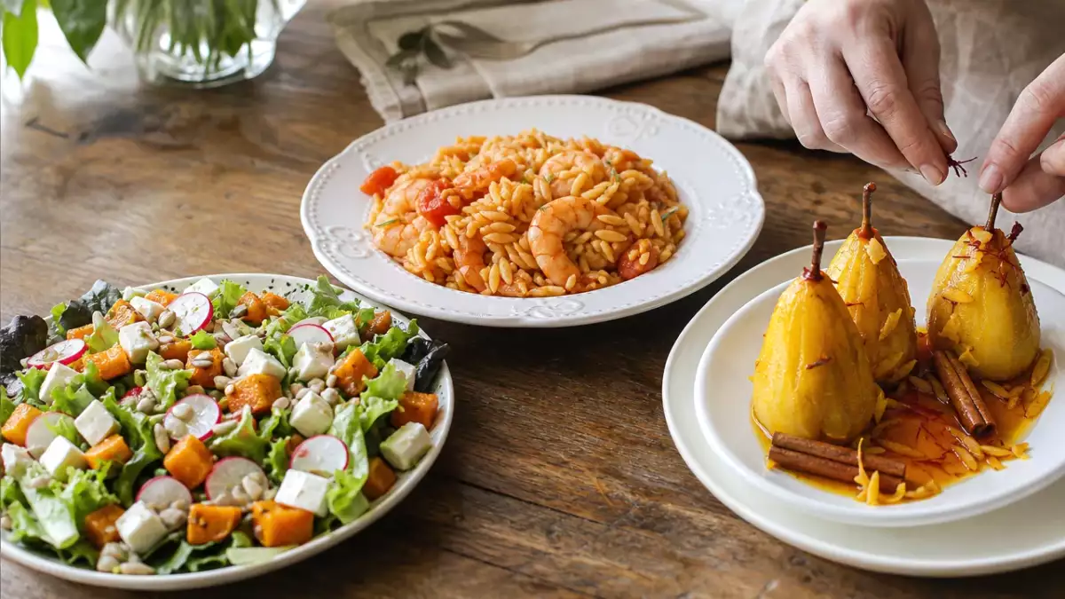 Daily menu, October 14: a delightful pumpkin salad, creamy orzo with shrimp, and poached pears