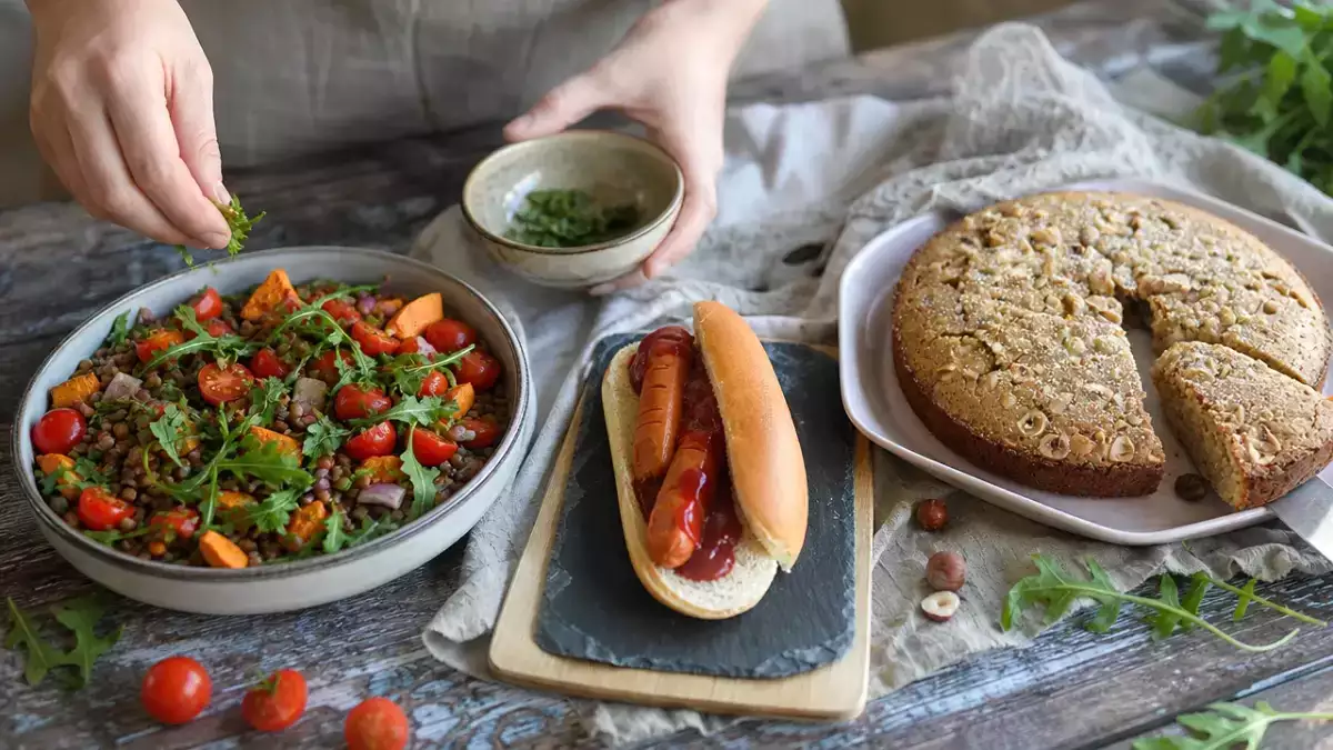 Daily menu, October 29: lentil salad, Halloween bloody hot dogs and hazelnut cake