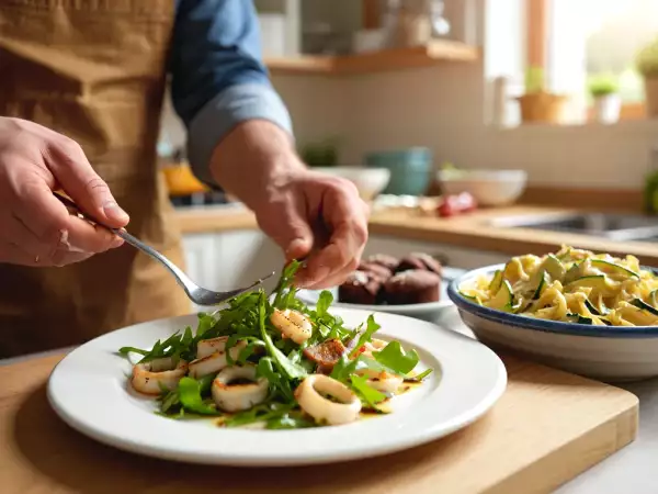 June 1st daily menu: grilled calamari, creamy zucchini carbonara and decadent chocolate fondant